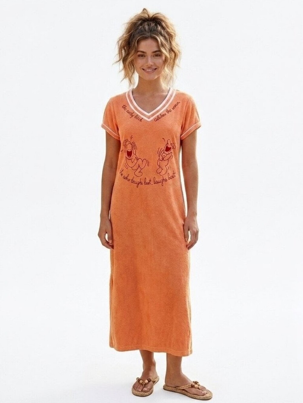 Julie Girl Vintage Orange Terry Cloth Maxi Dress Caftan Coverup Loungewear - Lar